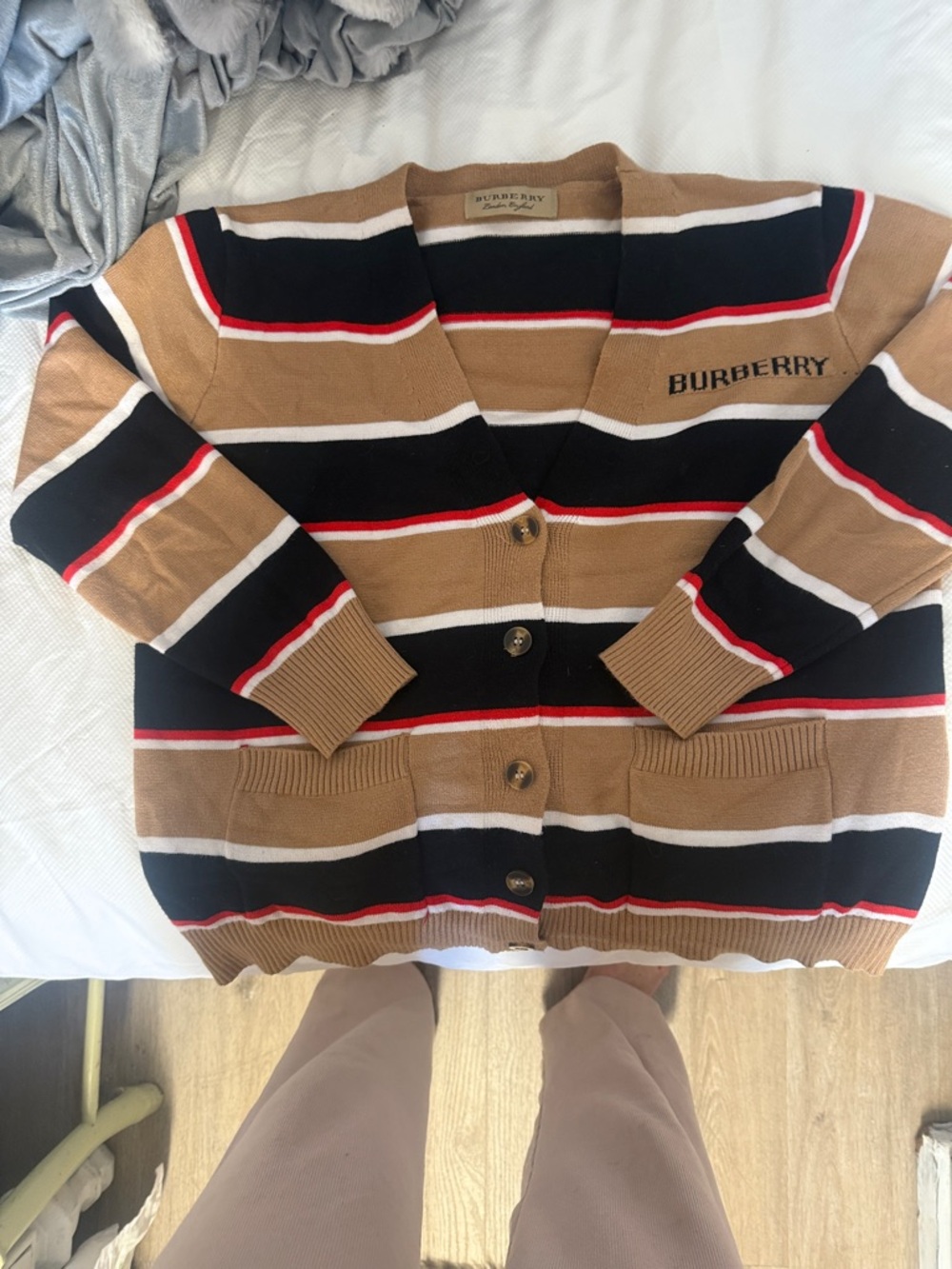 Burberry Tan Black White Red Striped Cotton Cardigan